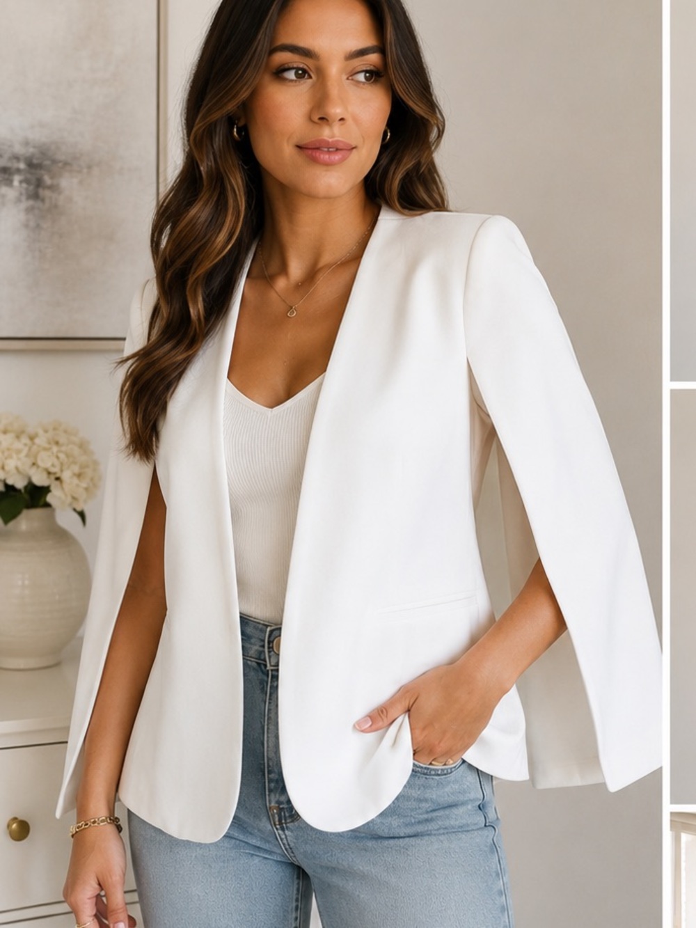 Jealous Tomato White Open-Front Cape Blazer Jacket size M Lightweight Summer